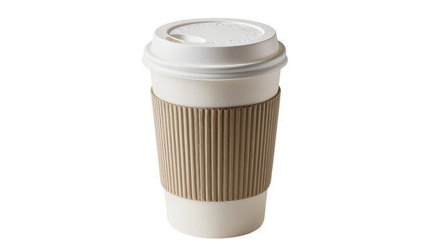 White paper coffee cup with ribbed brown sleeve and lid