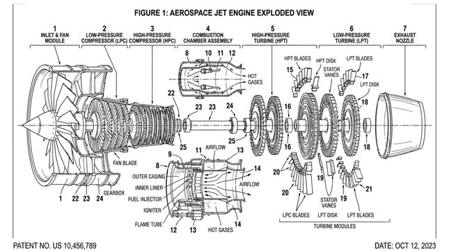 A detailed exploded view of an aerospace jet engine showcases its intricate mechanical components and internal structure.