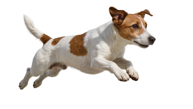 Jack Russell Terrier dog jumping mid-air with white and brown fur