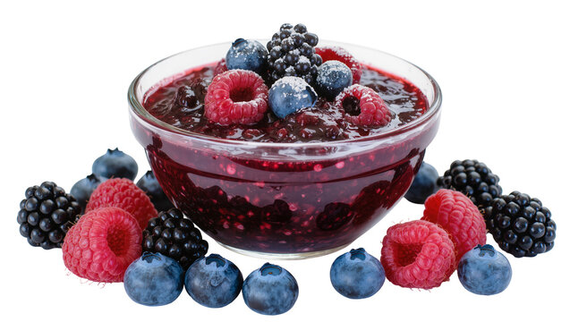 Glass bowl of berry jam with fresh raspberries blueberries, and blackberries