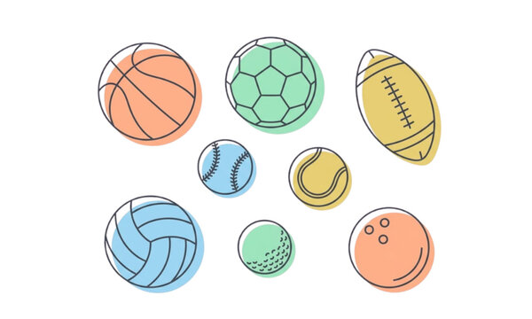 Minimalist sports balls doodle vector set with thin line basketball, soccer, football, and volleyball icons