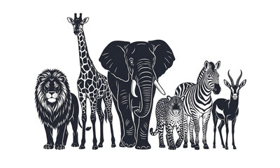 African safari wildlife animals vector illustration, black silhouette group of lion giraffe elephant leopard zebra antelope © MdMoksed