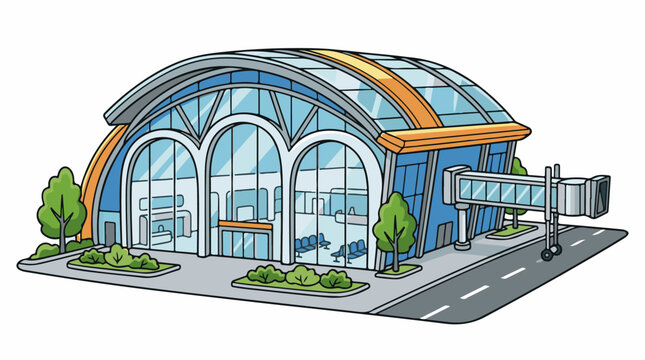 A cartoon-style illustration of a modern building with a curved glass roof and arched windows