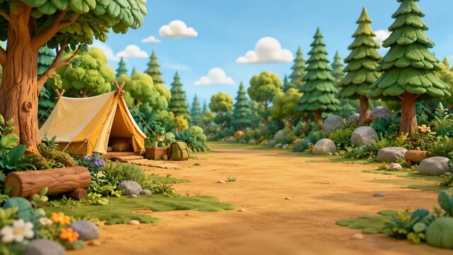 forest camping background background with copy space, Clay 3D style