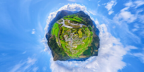 Fototapeta premium Spherical panoramic aerial shot of the countryside in the valley with rivers