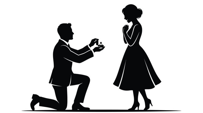 Elegant black silhouette of a man proposing marriage with a ring to a happy woman