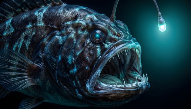 Deep sea anglerfish with bioluminescent lure in dark ocean depths