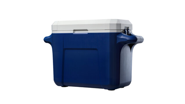 Blue and white portable cooler box with handles