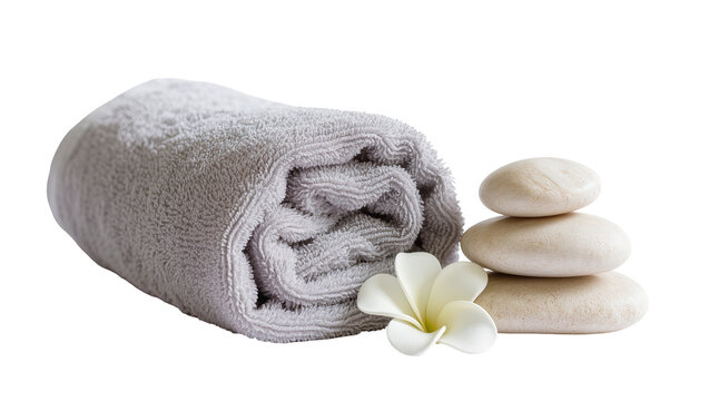 Rolled gray towel with stacked spa stones and white flower