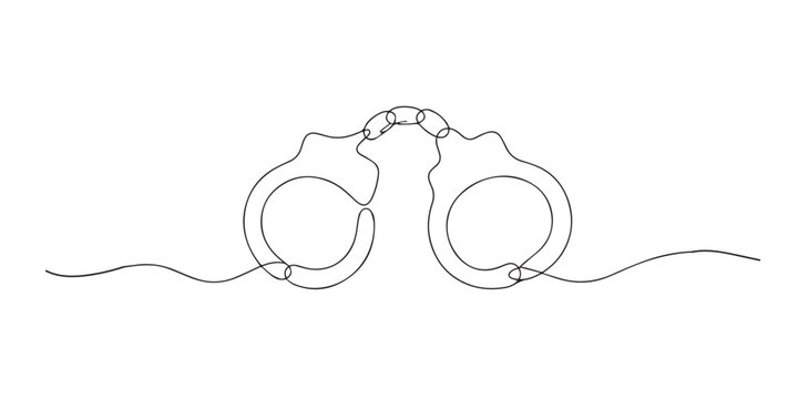 One continuous line drawing of handcuffs. Abstract single line art of law enforcement and security restraint concept.