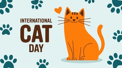 International Cat Day illustration with orange cat and paw prints