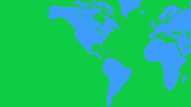 Blue world map animation on green screen background, chroma key global earth map scrolling transition, continents flat vector motion loop for geography business news vfx