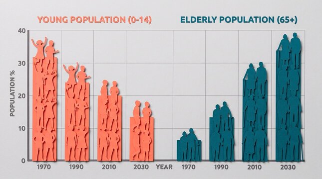 Papercut bar chart comparing the decline of a young population with the growth of an elderly population from 1970 to 2030, concept of global aging, demographic shift, and social change.