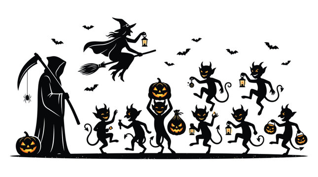 A spooky witch flying on a broomstick with many mischievous little demons and grim reaper