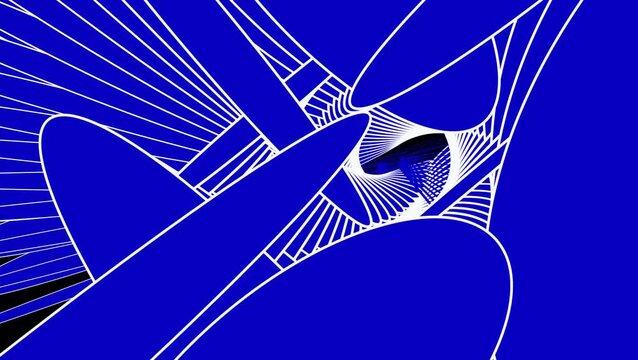 Abstract motion graphic with rotating blue shapes and white line art forming hypnotic tunnel structures for modern visual background design and futuristic aesthetic concepts in high quality video anim