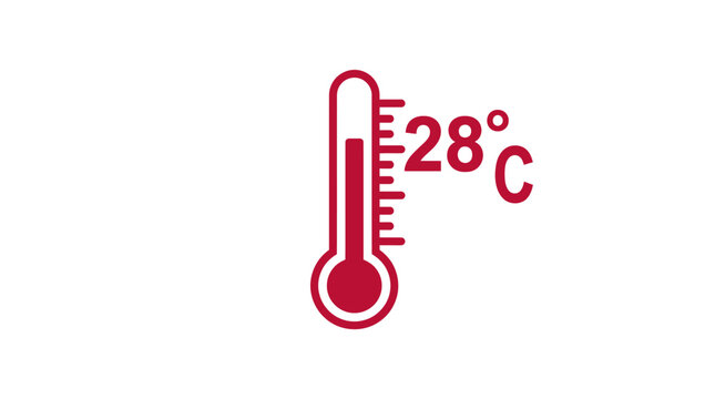 Red thermometer icon showing 28 degrees Celsius, isolated on white background.