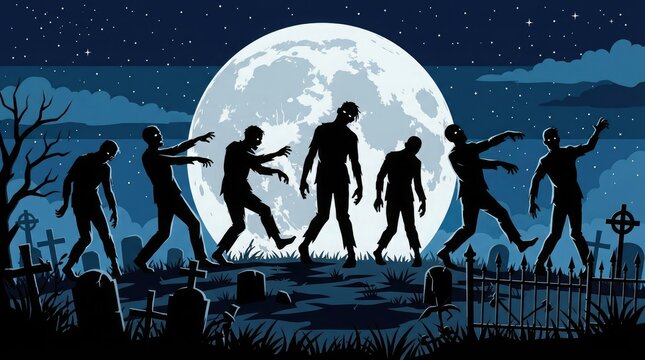 Halloween zombie horde illustration spooky graveyard scene with full moon