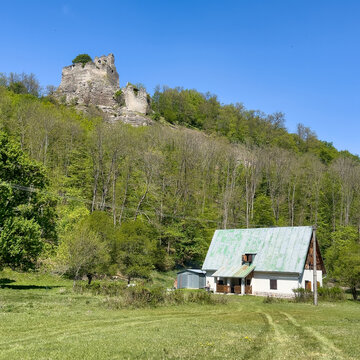 Ruin of castle Cabrad in green forest landscape - Slovakia
