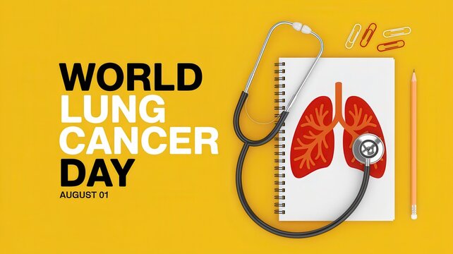 World Lung Cancer Day August banner with stethoscope and lung illustration on yellow background