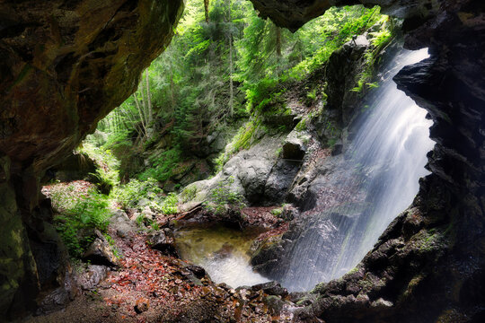 Waterfall on via ferrata Martin hiking route in Mala Fatra mountains.