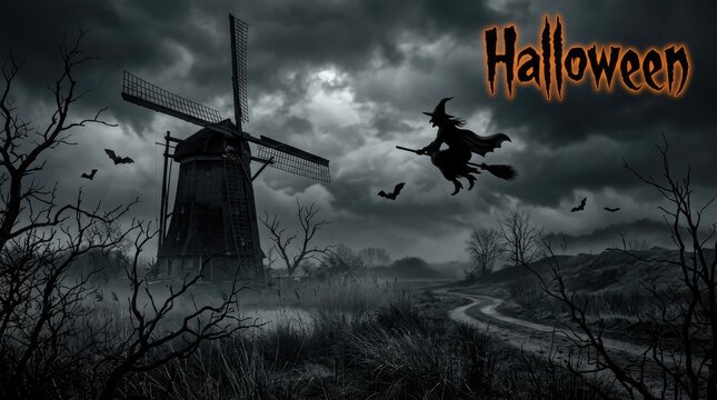 Spooky halloween night with witch on broomstick flying over windmill