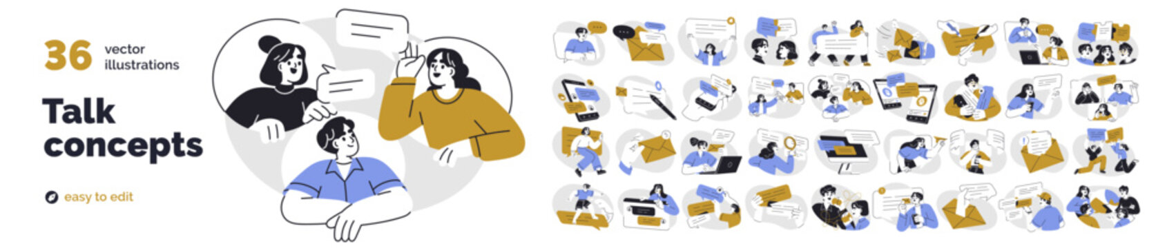 Communication and talk icons set. Digital chat, dialogue, conversation, discussion on internet concept. People texting, sending messages, emails. Flat vector illustrations isolated on white background