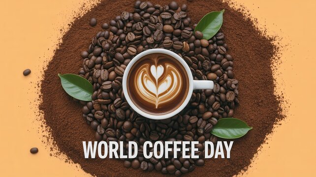 World Coffee Day concept with a latte art coffee cup, roasted beans, and ground coffee on a light orange background