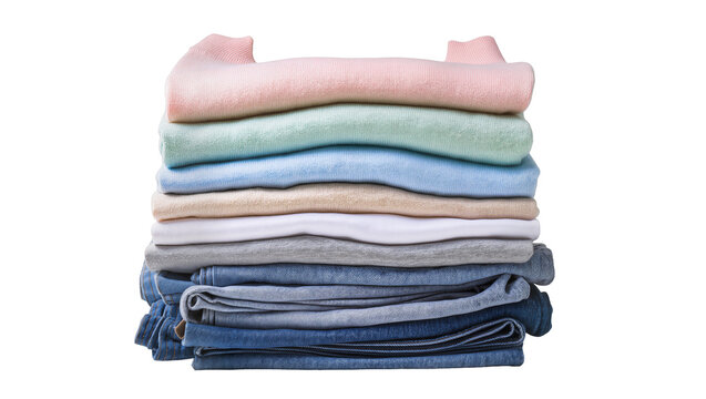 Stack of folded pastel colored sweaters and denim jeans
