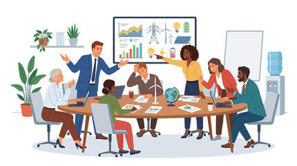 Fototapeta premium Illustration of a diverse group of business professionals engaged in a meeting around a conference table with a presentation on a screen in a modern office setting with a white background.