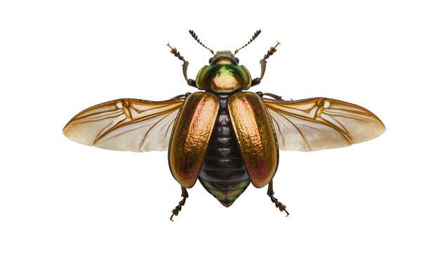 Metallic green and gold beetle with spread wings