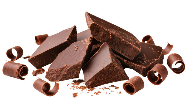 Dark chocolate chunks and curls scattered
