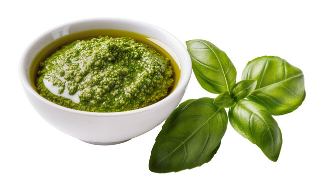 Green pesto sauce in white bowl with fresh basil leaves