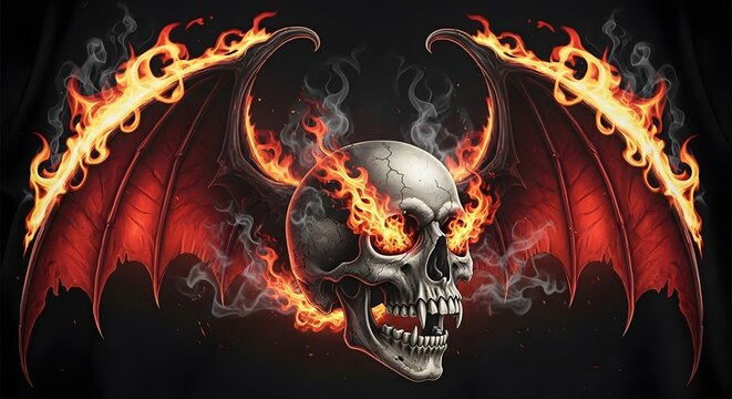 A menacing human skull with sharp fangs features large red bat wings engulfed in bright intense flames and smoke