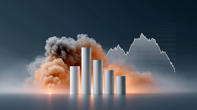 A wide-angle documentary photo showing the correlation between street protests and plummeting stock markets, a blend of riot scenes and financial graphs blending into each other
