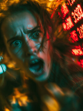 An editorial photograph focused on a distraught businesswoman, surrounded by falling stock tickers, capturing the personal impact of political crises on investment returns