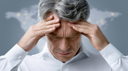 A detailed editorial photograph of a global investor holding his head in despair, with a world map behind him marked with political hotspots, indicating where investment returns are most affected by