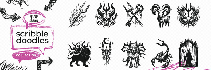 Fototapeta premium Hand drawn vintage black ink scribble doodle vector set of esoteric mystic magic astrology zodiac alchemy sacred geometry spiritual and occult symbols