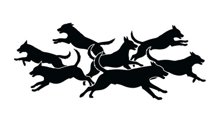 Fototapeta premium Pack of Dynamic Running Dog Silhouettes Showcasing Various Energetic Breeds in Group Motion Action