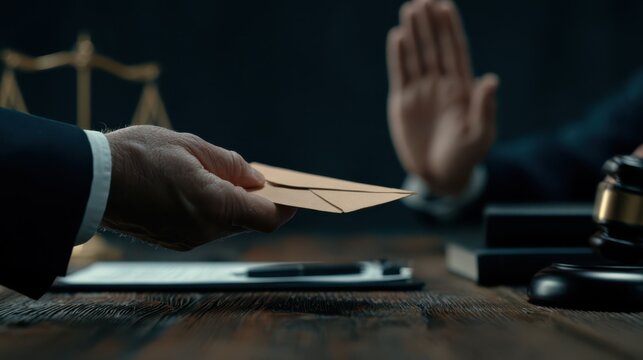 A person offers an envelope while another hand gestures to refuse, with a judge's gavel and scales in the background symbolizing legal ethics.