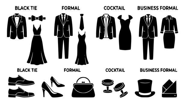 Formal Event Dress Code Black Silhouette Icons Fashion Attire Vector Set