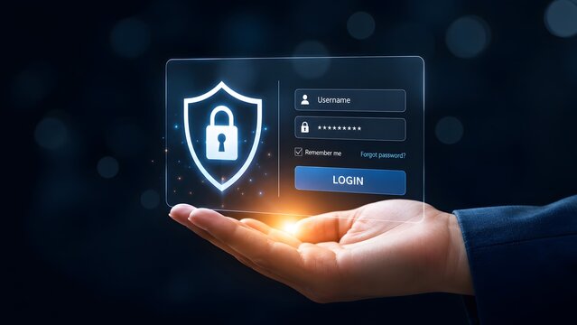 Managed Security Services Concept Showcasing a Business Hand Holding a Futuristic Digital Login and Authentication Hologram