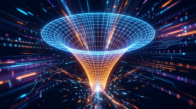 Digital funnel concept with glowing binary code and data stream