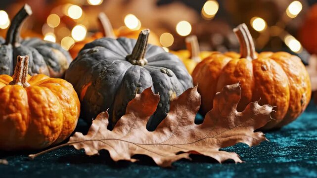 Autumn pumpkins and leaves on velvet with warm bokeh lights
