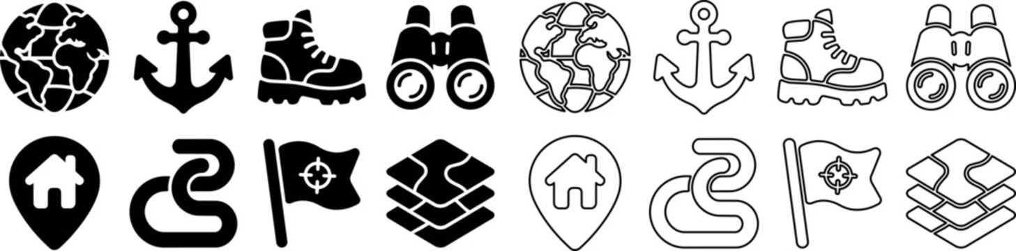 Travel and navigation icons including globe, anchor, hiking boot, binoculars, map marker, trail, flag, and map layers in filled and outline styles