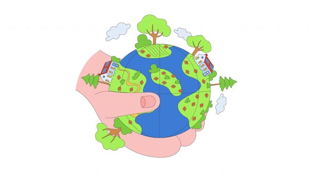 Natural resource conservation 2D animation. Environmental protection. Flourishing community. Hands holding thriving globe animated cartoon flat concept metaphor 4K video on transparent background
