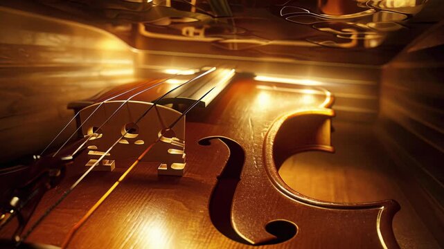 Close-up of a cello's bridge and strings with warm lighting