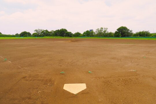 初夏の江戸川河川敷の平日の誰もいない野球場風景
