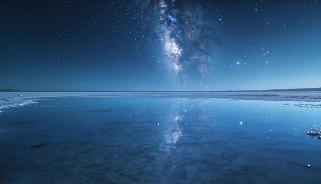 remote salt flat reflecting stars and faint galactic light across glass like surface with generous copy space perfect for Camping and Outdoor Adventure