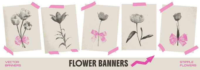 Obraz premium Whimsical grunge flower posters with stipple photocopy halftone. Retro tulip and peony prints with pink bows and tape on beige sheets. Vector set of whimsical dotted flowers for cute wall art print
