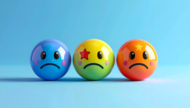 Three Sad Face Balls on Blue Background Representing Negative Emotions.
